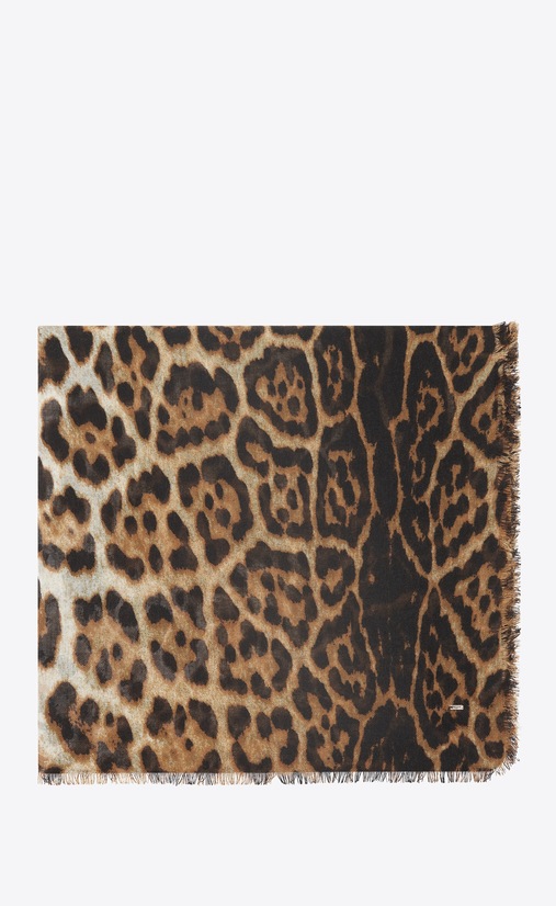 Large square leopard scarf in beige and black etamine